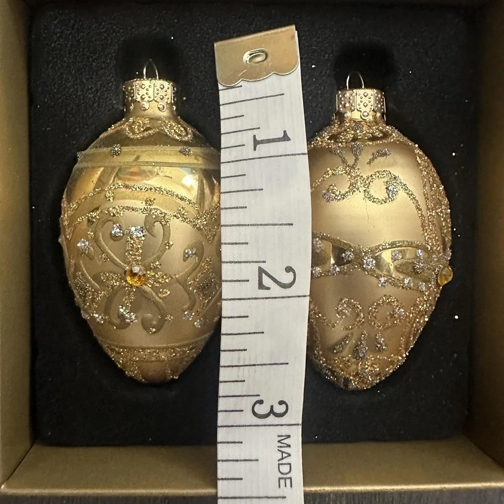 VTG Celebrate It Set Of‎ 2 Small Gold Glass Egg Bauble Ornaments Christmas Decor